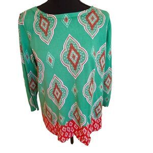Joesph A Printed Green Red Keyhole Pull On Sweater Small
